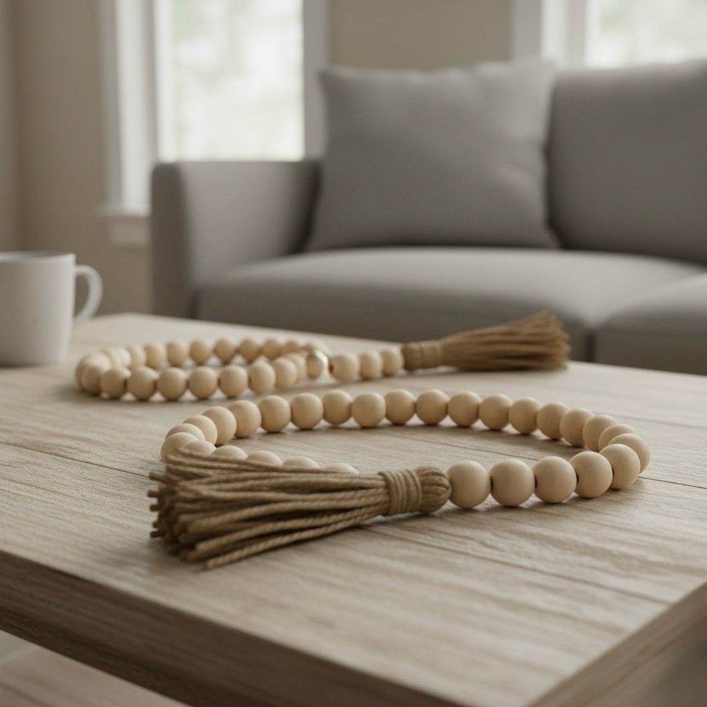 Handmade Wood Bead Garland |  58” Boho Farmhouse Tassel Decor | Gift Ready - Picture 4 of 16